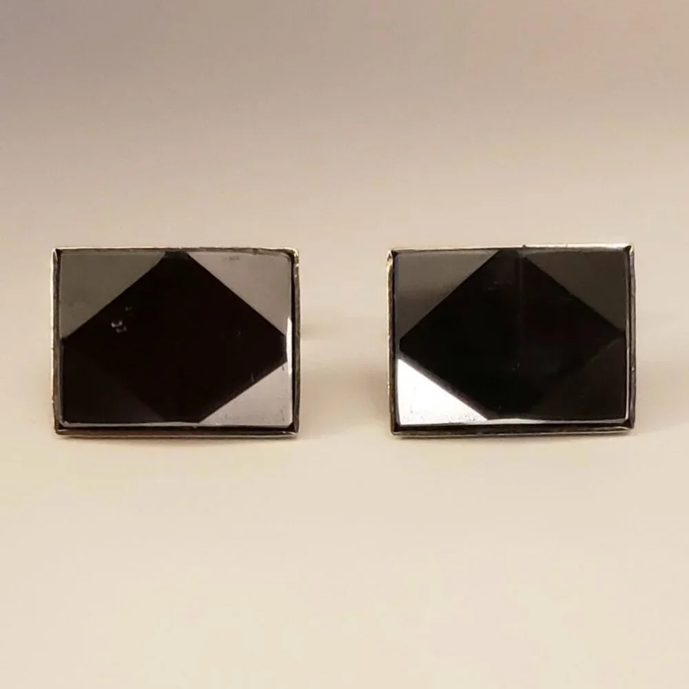 Vintage Silvertone Angled Mirrored Metal Cufflinks Faceted Geometric Rectangular